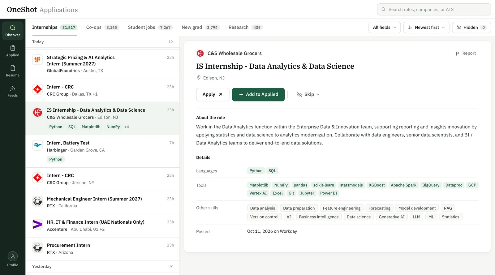 OneShot Discover with internship listings on the left and a selected data-science role, its skills, and Apply and Add to Applied actions on the right.